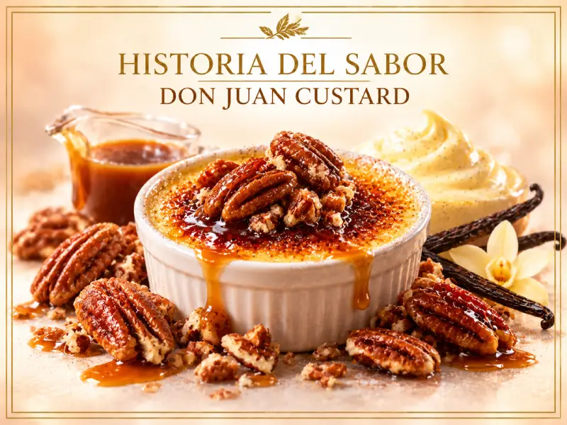 Crema de vainilla caramelizada que ilustra el perfil de Don Juan Custard, Kings Crest
