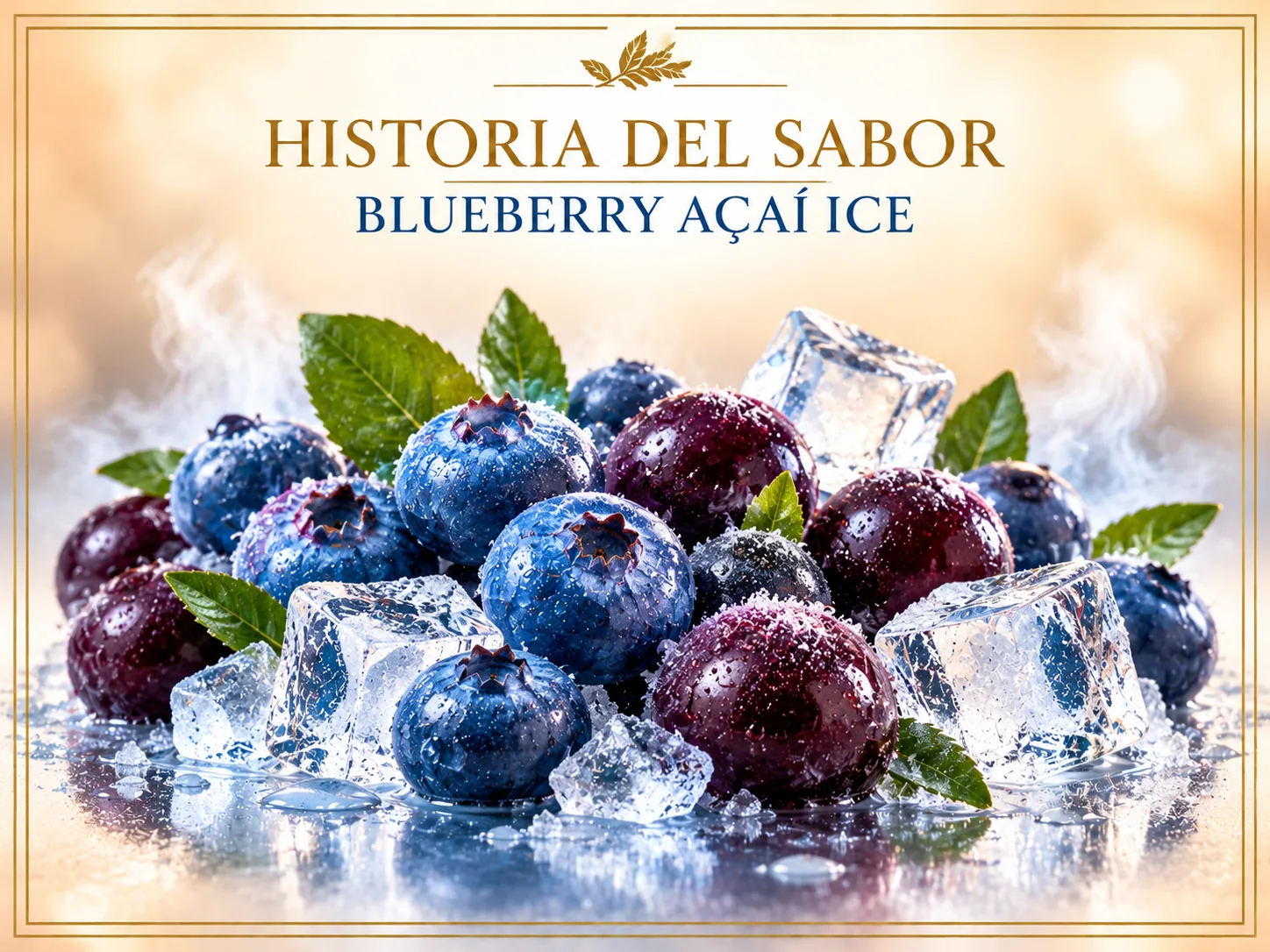 Historia del sabor Blueberry Açaí Ice: arándanos, açaí e hielo en composición con marco dorado