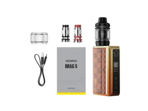 Contenido del kit VOOPOO DRAG 5: dispositivo, tanque UFORCE-X, resistencias PnP X, cristal y accesorios